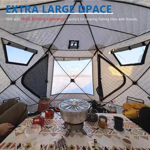 Miniatura 4 de Refugio portátil de pesca en hielo para 3 a 8 personas, tienda de campaña de pesca en hielo con aislamiento hexagonal con bolsa de transporte
