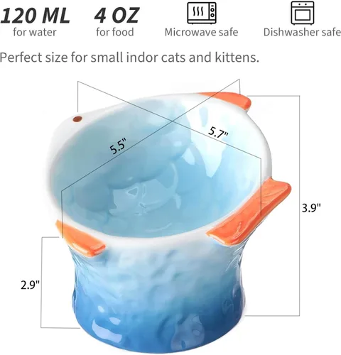 Miniatura 2 de Cuenco elevado de cerámica para gatos, poco profundo e inclinado, antivómitos y fatiga de bigotes, antideslizante, lindo cuenco de alimentación