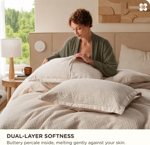 Miniatura 4 de Bedsure Funda de edredón de algodón tamaño King – 100% algodón tejido gofre, funda de edredón beige tamaño King, GentleSoft™ y juego de ropa de cama