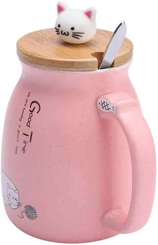 Miniatura 5 de TOPINCN Taza de cerámica con diseño de gato lindo con cuchara y tapa de madera, taza de té y agua para leche para oficina en casa (12.8 fl oz)