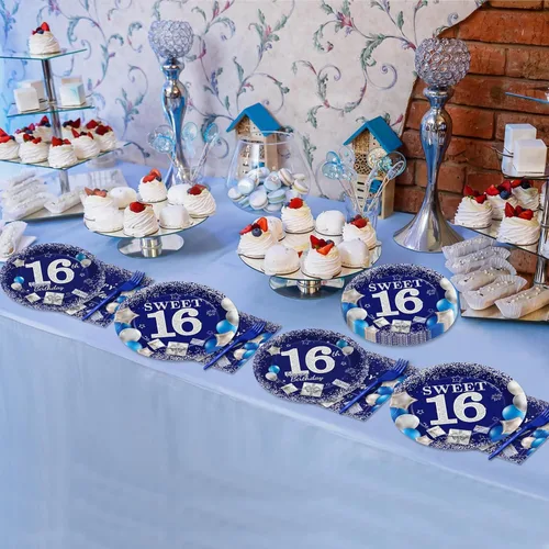 Miniatura 7 de gisgfim 96 Piezas Platos y Servilletas de Cumpleaños 16 Suministros para Fiestas Dulces 16 Juego de Vajilla para Fiestas Azul Plateado Decoraciones