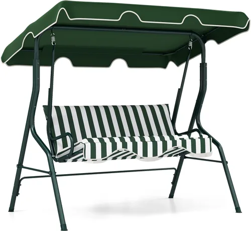 Miniatura 16 de RELAX4LIFE Silla columpio para porche para 3 personas, columpio para exteriores con toldo ajustable, cojín extraíble y soporte de marco de metal