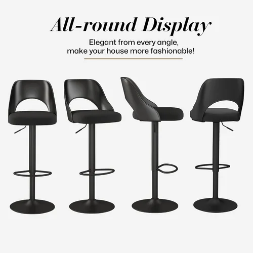 Miniatura 9 de HENGJIANYI Taburete de bar giratorio ajustable en altura con respaldo hueco, silla tapizada con base de metal negro, asiento negro