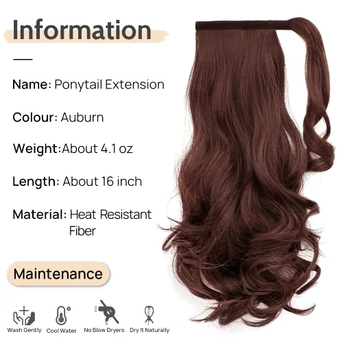 Miniatura 2 de Auburn - Extensiones de cabello con clip de cola de caballo, extensiones de cola de caballo de 16 pulgadas, rizadas, onduladas, sintéticas