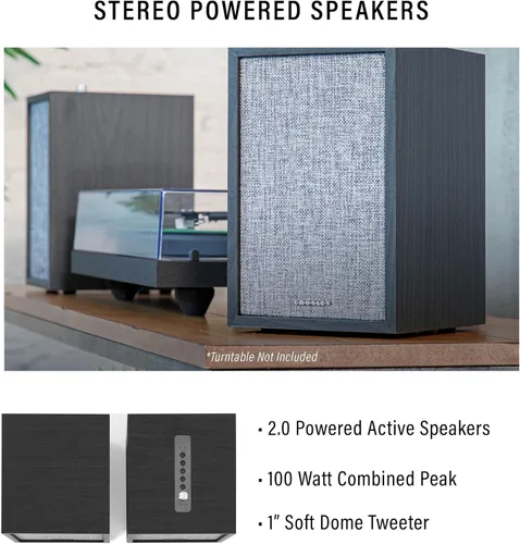 Miniatura 2 de Crosley S200A-BK 4" Altavoces estéreo activos con alimentación Bluetooth, conexiones ópticas, USB y Aux, negro
