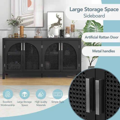 Miniatura 7 de Aparador de madera con puerta de ratán artificial y asas de metal, 4 puertas y estante ajustable, mesa de consola para comedor, sala de estar