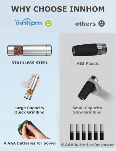 Miniatura 5 de innhom Juego de molinillo eléctrico de sal y pimienta, funciona con pilas, molinillo de sal y pimienta de acero inoxidable, molinillo automático