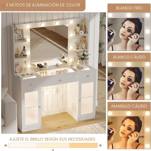 Miniatura 3 de IFSEB Tocador de maquillaje con parte superior de cristal, escritorio blanco con espejo y luces, tocador grande con cajones y armarios