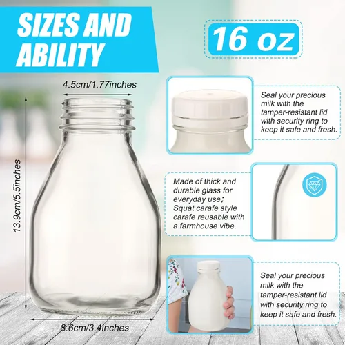 Miniatura 2 de 6 botellas de leche de vidrio con tapas, 16 onzas, reutilizables para leche de almendras, crema de café, fiestas y picnics