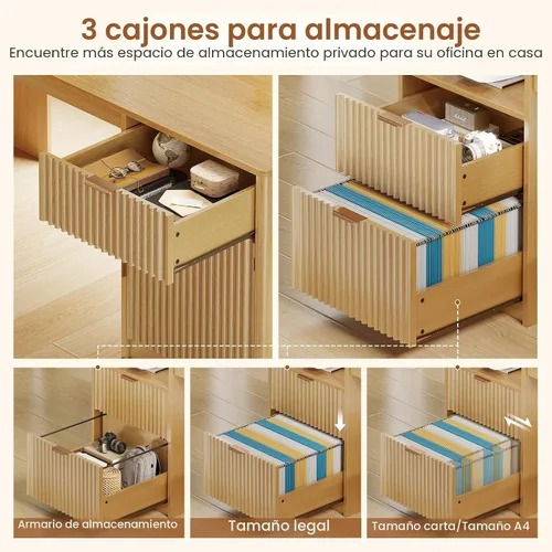 Miniatura 5 de SEDETA Escritorio moderno en forma de L de 66 pulgadas con cajones, escritorio de oficina en casa con archivador y estante para impresora, Roble