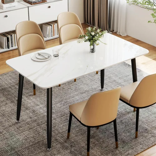 Miniatura 9 de Mesa de comedor, mesa de cocina de piedra sinterizada, mesa rectangular moderna de pizarra blanca de 55 pulgadas con patas de metal, mesa de comedor