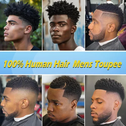 Miniatura 7 de Pelucas Afro Rizadas Toupé para Hombres Pelucas para Hombre Afroamericano Negro Unidad de Cabello Masculino Negro Rizado Afro Tejido Masculino