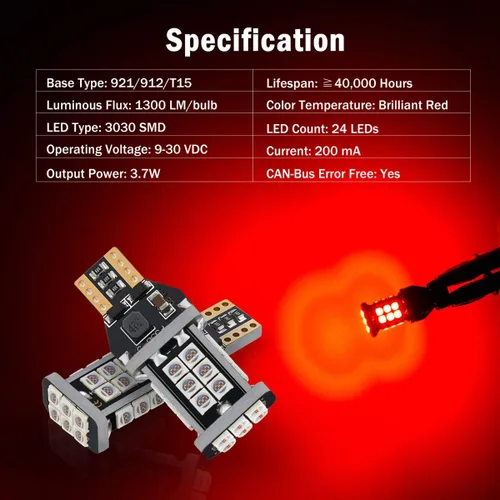 Miniatura 2 de AUTOGINE Bombillas LED Canbus 921 912 906 904 902 W16W T15 de 1300 lúmenes, color rojo brillante 3030 24-SMD, sin errores para luces de freno