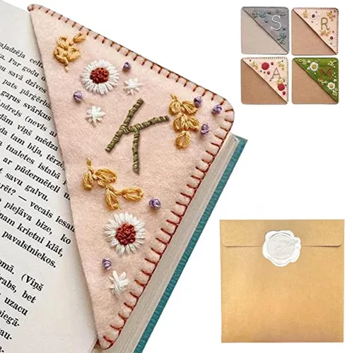 Miniatura 18 de Marcapáginas de esquina bordado a mano personalizado, 26 letras con costura a mano de fieltro, marcapáginas de esquina con bordado de flores lindo