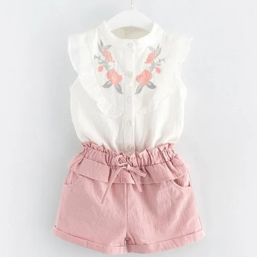 Miniatura 2 de Moonker Conjunto de ropa de verano para niños pequeños y niñas camiseta bordada pantalones cortos