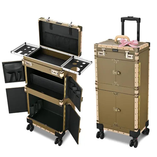 BYOOTIQUE - Caja de tren para estilista de maquillaje, 15 x 11 x 33 pulgadas, color bronce con rueda de 360 grados, XL