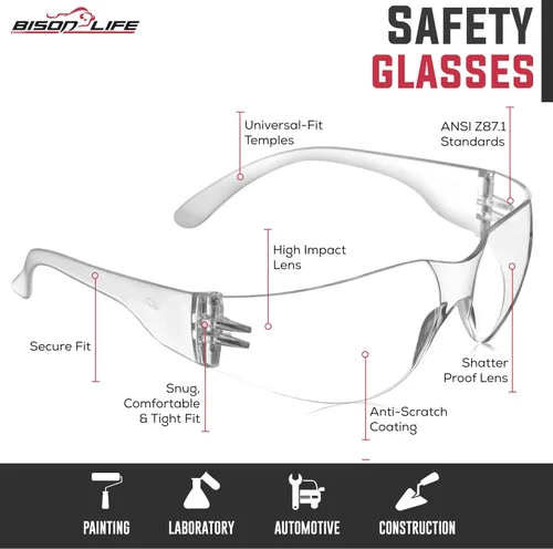 Miniatura 3 de BISON LIFE - Lentes de seguridad con protección envolvente resistente a arañazos, lente de policarbonato resistente a impactos ANSI Z87.1