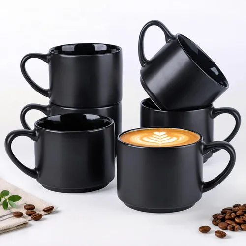 Miniatura 9 de GBHOME Juego de 6 tazas de cerámica apilables de 14 onzas, tazas de café modernas para bebidas calientes, color gris, 14 onzas líquidas, 6