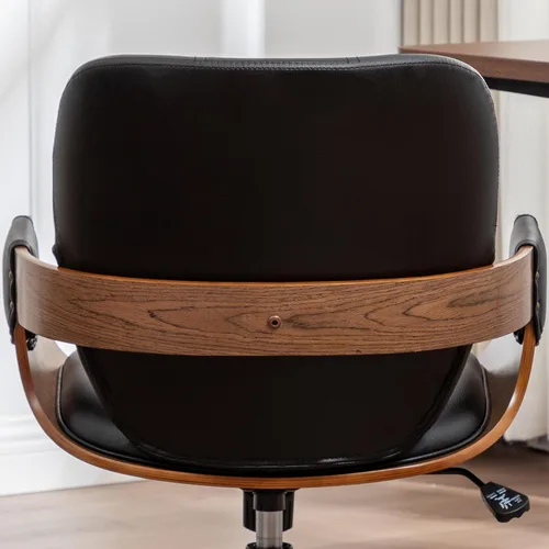 Miniatura 7 de Silla de escritorio de oficina en casa con ruedas giratorias, artesanía de nogal, respaldo y brazos curvos ergonómicos, piel sintética, altura Nogal