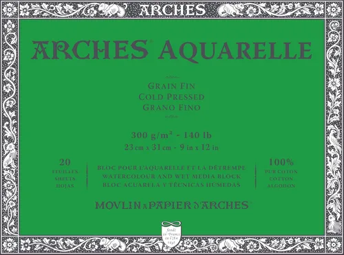Arches Bloque de Acuarela Aquarelle, Grano Fino, 140 libras/300 gsm, 20 Hojas, 9 x 12 Pulgadas, Papel de Acuarela Arches 100% Algodón