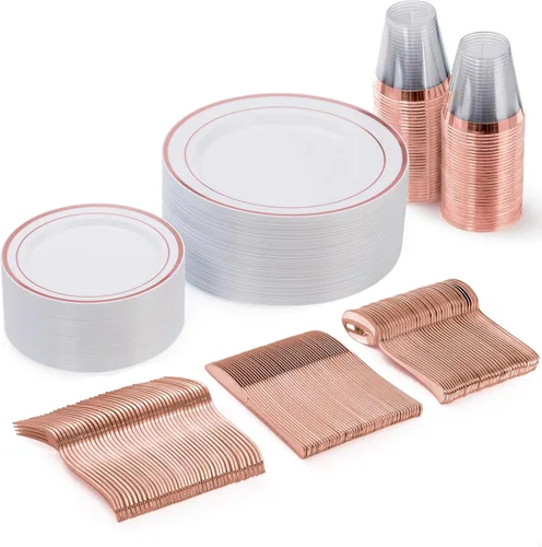 Miniatura 12 de Goodluck 600 Piezas Platos Desechables Plateados para 100 Invitados, Juego de Vajilla de Plástico de 100 Platos de Cena, 100 Platos de Ensalada, 100