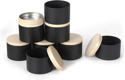 Miniatura 4 de SONVIIBOX 24 latas de velas de 4 onzas, latas negras con tapas de metal de grano de madera, tarros de velas para hacer velas a granel, tarros