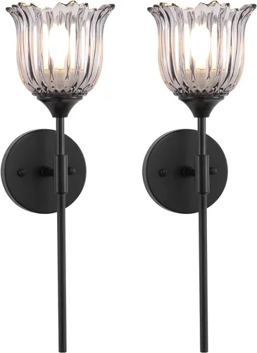 Miniatura 11 de BYOLIIMA Aplique de pared dorado de 2 luces con pantallas de vidrio ámbar, moderno de mediados de siglo, accesorios de luz de pared para tocador