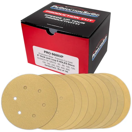 Miniatura 17 de ProductionShop Discos de lijado dorados PSA de grano 60 de 6 pulgadas, caja de 80 unidades, papel de lija abrasivo autoadhesivo para lijadoras