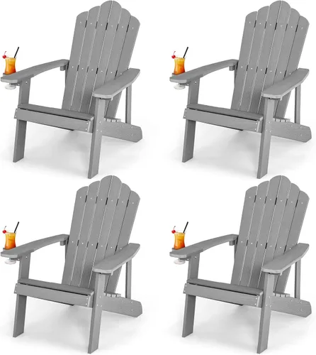 Miniatura 30 de Giantex Silla Adirondack para exteriores, sillas de patio de gran tamaño con portavasos oculto, veta de madera realista, capacidad de peso de 380