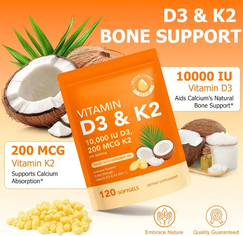 Miniatura 3 de Liefiet Vitamina D3 K2 10000 UI con 200 mg, cápsulas de vitamina D3 y K2, complejo de vitaminas D y K 2 en 1 con aceite de coco virgen, 120 cápsulas