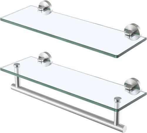 Miniatura 8 de KES Estantes de vidrio para baño, estante de baño flotante de vidrio de 16 pulgadas con barra, paquete de 2 unidades de montaje en pared SUS 304