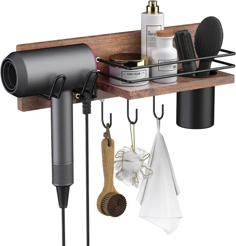 RoleDes Soporte de madera para secador de pelo montado en la pared, organizador de herramientas de pelo de baño, estante de soporte para secador,