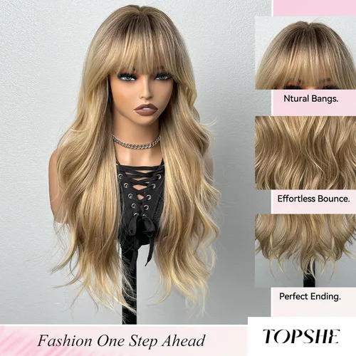 Miniatura 4 de topshe Peluca ondulada de color rubio ceniza con flequillo, cabello sintético resistente al calor para mujeres, capas de mariposa preestilizadas