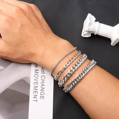 Miniatura 4 de Pulsera de plata para hombre, pulsera de eslabones cubanos de acero inoxidable, cuerda resistente, juego de pulseras de cadena cubana Figaro