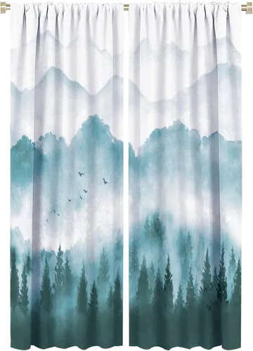 Miniatura 21 de BAEKJIN Cortinas verdes de bosque brumoso, acuarela, naturaleza, paisaje, plantas, árbol, bolsillo para barra, opacas, tratamiento de ventana