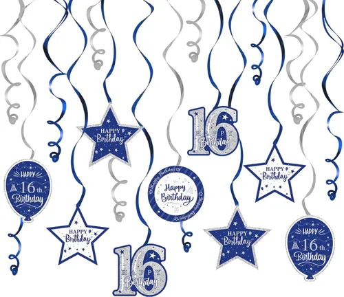 Miniatura 59 de Decoración de fiesta de serpentinas con purpurina azul y plateada de feliz 11º cumpleaños, 15 piezas de remolinos colgantes de 11 cumpleaños, cartel