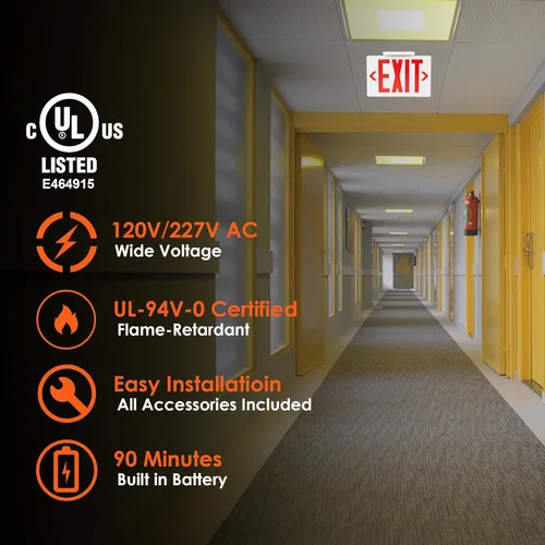 Miniatura 2 de Gruenlich Letrero LED de salida, luz de emergencia con doble cara y baterías de respaldo, letra roja estándar de EE. UU., calificado UL 924, voltaje
