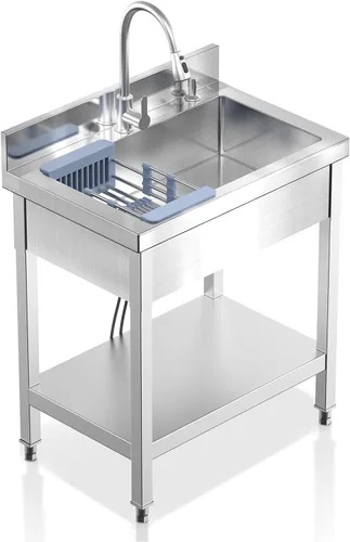 Miniatura 9 de Fregadero utilitario de acero inoxidable de 20 pulgadas con plomería de agua fría/caliente y estante para cocina, baño, lavandería Fregadero