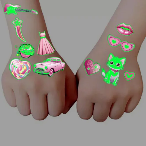 Tatuajes temporales de color rosa que brillan en la oscuridad, más de 90 piezas (10 hojas), tatuajes temporales para mujeres, suministros de fiesta