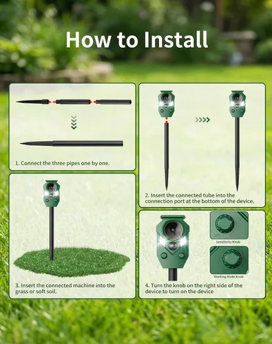 Miniatura 7 de Paquete de 4 dispositivos solares repelentes de ciervos con sensor de movimiento y luces LED, repelente de gatos impermeable para exteriores