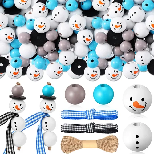 180 piezas de cuentas de madera de muñeco de nieve de Navidad con estampado de tartán de búfalo de Navidad, cuentas de madera redondas de invierno,