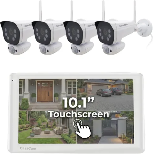 CasaCam Sistema de cámara de seguridad inalámbrica | Monitor de pantalla táctil de 10.1 pulgadas, 4 cámaras de reflector 2K | Interior/exterior, sin