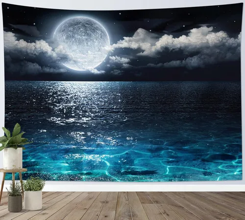 Miniatura 6 de LB Tapiz de cielo nocturno, luna llena en el mar, tapiz para colgar en la pared, tapiz de nube blanca de fantasía, tapiz de acuarela, arte de pared