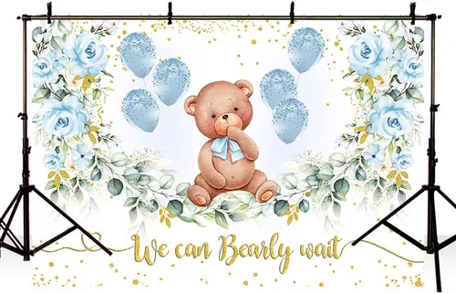 Miniatura 2 de MEHOFOND Fondo de fiesta de baby shower de oso de 7 x 5 pies, fondo azul floral para fotografía, puntos dorados con purpurina, globos azules bebé