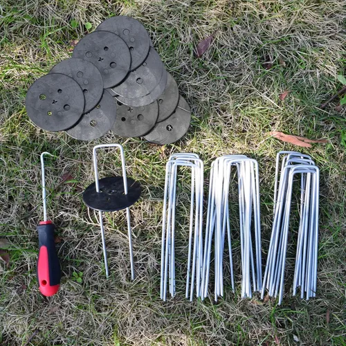 Miniatura 7 de 25 estacas de jardín + 25 juntas, grapas de césped de 6 pulgadas, calibre 11, galvanizado, en forma de U, clavos de césped resistentes