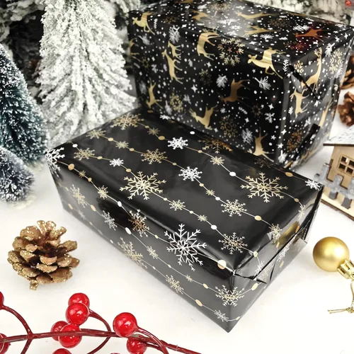 Miniatura 7 de LDGOOAEL Mini rollo corto de papel de regalo de Navidad con líneas de corte en el reverso (17 x 120 pulgadas por rollo), papel de regalo negro