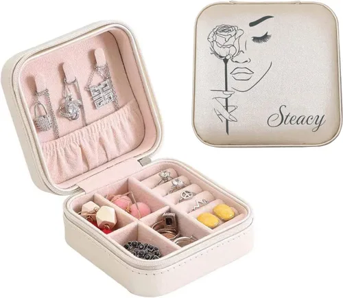 Miniatura 4 de Joyero personalizado con tu nombre y mes de la flor de nacimiento, organizador de joyas de cuero personalizado, estuche de viaje, regalos Negro
