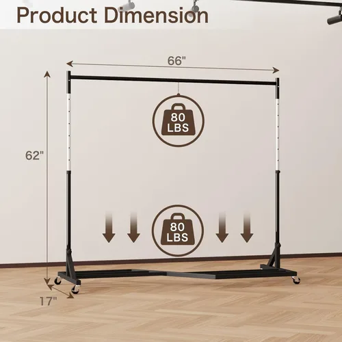 Miniatura 2 de Perchero con ruedas, perchero ajustable resistente con estante inferior, perchero de metal duradero, altura ajustable, con ruedas bloqueables
