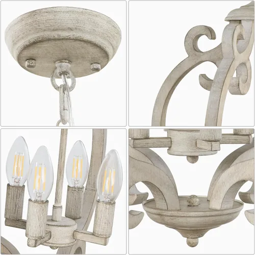Miniatura 4 de Candelabro de Granja de 4 Luces, Candelabro de Madera Rústica Orbe Desgastado Lámpara Colgante de Estilo Campestre Francés Lámparas de Techo