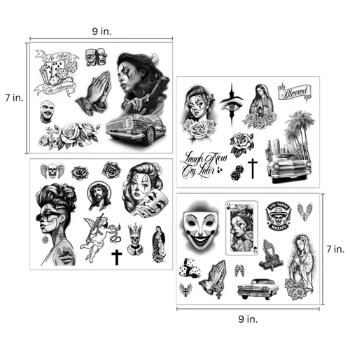 Miniatura 5 de Los Vatos Chicano Bundle - Tatuajes temporales Cholo y Chola para hombres y mujeres, Payasa, Lowrider, Virgen María, Oración, Cruz, Chicana